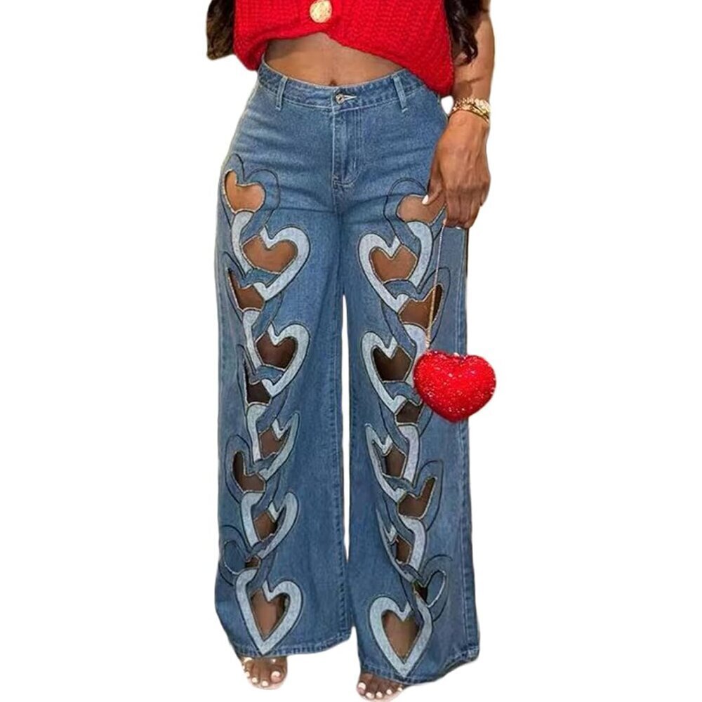Womens Ripped Jeans Heart Cutout Baggy Y2K Wide Leg High Rise Denim Pants